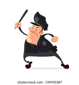 Angry policeman with a truncheon, vector cartoon