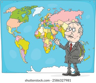 Angry politician or businessman looking at a world political map, vector cartoon illustration on a white background