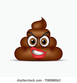 Angry poo emoticon. Emoji poop face vector illustration