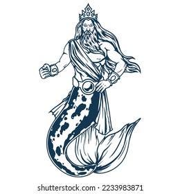 Angry Poseidon monochrome detailed element bearded man with crown of king sea god with fish tail clenching fist vector illustration