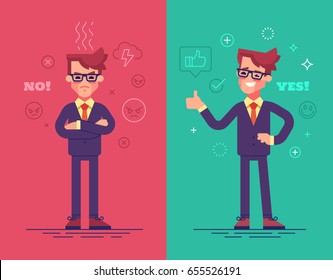 Angry and positive businessmen. Funny vector characters with mood icons on background.