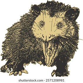 Angry possum snarling stencil with sepia tone colors.	