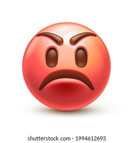 Angry Pouting Emoji. Frowned Red Face, Grumpy Facial Expression Or Anger Emoticon 3D Stylized Vector Icon