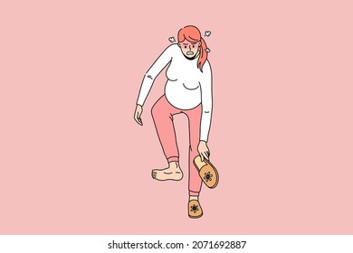 Angry pregnant woman bend with huge belly try wear sleepers. Unhappy mad mom to be suffer from last month pregnancy outcomes and problems, unable to dress. Flat vector illustration. 