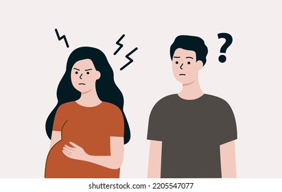 Angry pregnant woman and man having conflict. Confused husband with question mark. Pregnancy, parenthood, argument, relationship concept. Flat people character vector design illustration.