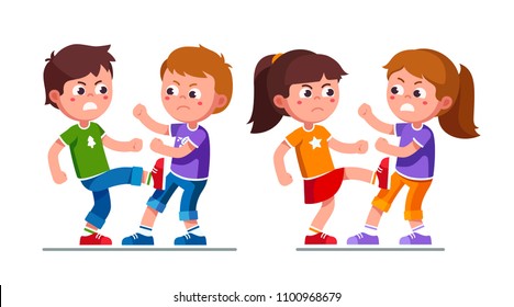 Angry preschool boys, girls kids fighting each other kicking legs. Aggressive bully kids fight. Bullying children cartoon characters set. Childhood aggression violence. Flat style vector illustration