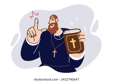 Angry priest stands with bible in hands and reprimands parishioners do not keep commandments from holy scriptures. Priest points finger at screen calling not to commit sins described in old testament