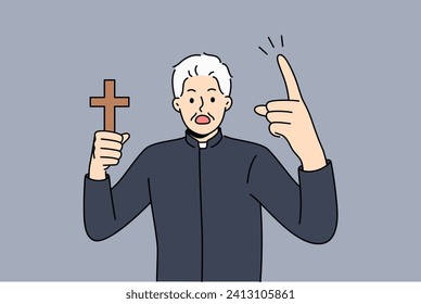 Angry priest with wooden christian cross in hand shouts, urging people to think about approaching day of judgment. Man priest with symbol of catholic church swears to drive out evil spirit