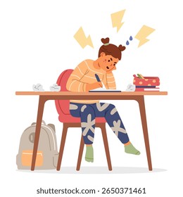 Angry primary school girl having problems while studying and doing homework flat vector illustration isolated on white.
