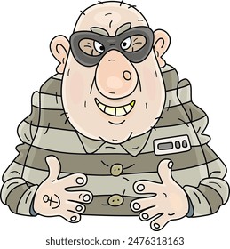 Angry prisoner in a striped uniform sitting in a prison after trial and sentencing, vector cartoon illustration