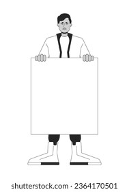 Angry protest flat line black white vector character. Editable outline full body person. Shouting slogans. Man holding placard. Simple cartoon isolated spot illustration for web graphic design