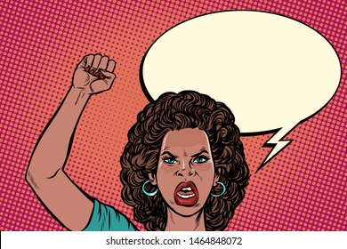 angry protester African woman, rally resistance freedom democracy. Pop art retro vector illustration drawing