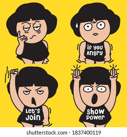 Angry Protester Asian Girl Showing Clenched Fists And Flashing Three Fingers Salute During An Anti-Government Protest Concept Card Character illustration