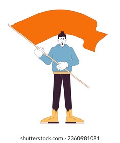 Angry protester waving flag flat line color vector character. Public demonstration. Editable outline full body person on white. Protest simple cartoon spot illustration for web graphic design