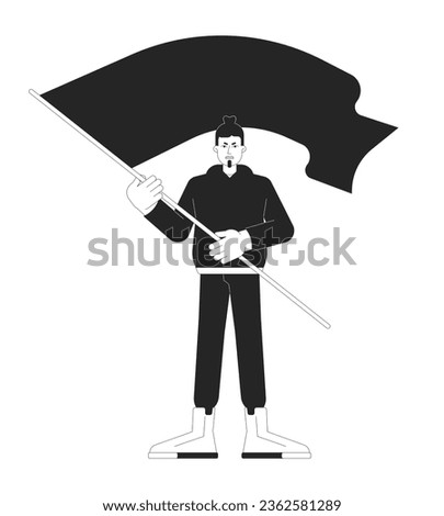 Angry protester waving flag flat line black white vector character. Public demonstration. Editable outline full body person. Protest simple cartoon isolated spot illustration for web graphic design