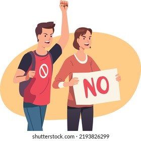 Angry Protesters Man, Woman Holding No Sign Placard, Shaking Fist On Demonstration Or Rally. Activists Persons Protesting Against Rights Violation. Protest Activism, Democracy Flat Vector Illustration