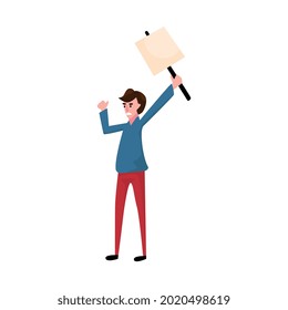 Angry protesting person with placard in hand flat vector illustration