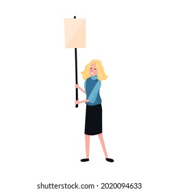 Angry protesting woman holding blank banner on stick flat vector illustration