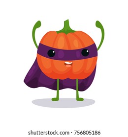 Angry pumpkin cartoon flat character in superhero costume standing with hands up and ready for fight