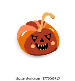 angry pumpkin with emotion bites another pumpkin, halloween character, isolated vector symbol with realistic shadow on a white background, suitable for web and print souvenir 