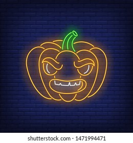 Angry pumpkin face cartoon character neon sign. Halloween party, autumn design. Night bright neon sign, colorful billboard, light banner. Vector illustration in neon style.