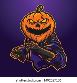 Angry Pumpkin Halloween Zombie Mascot Logo for Sport and Esport isolated on dark Background