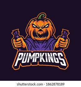 Angry pumpkin holding candy halloween mascot for team or streaming