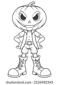 Angry pumpkin-headed character with hands on hips, line drawing for coloring activities