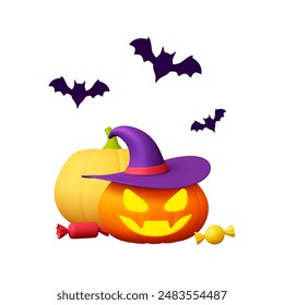 Angry pumpkins 3d element. Pumpkin in witch hat with candies and flying bats. Isolated render Halloween characters. Harvest time, vector concept