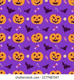 Angry pumpkins with candy and bats, vector seamless pattern for Halloween in hand drawn style on purple background