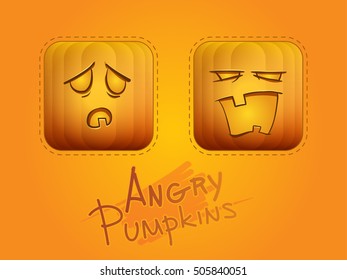 Angry pumpkins crazy cartoon faces Halloween smiles icons