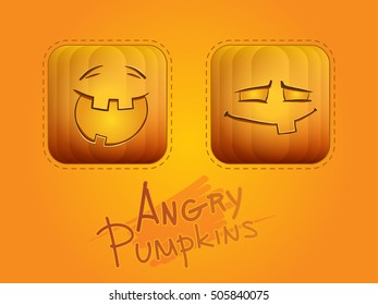 Angry pumpkins crazy cartoon faces Halloween smiles icons