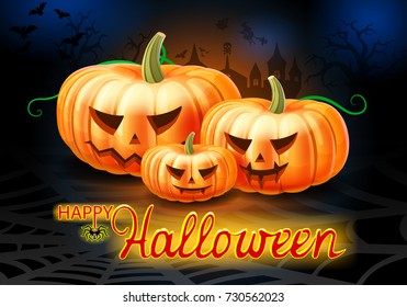 Angry Pumpkins Halloween background with haunted house, trees, flying bats, ghost and witch.