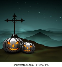 Angry pumpkins in night background for Halloween party night. 