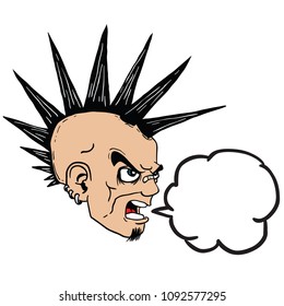 cabeza punk enojada con ilustración de caricatura de la burbuja del habla aislada en blanco