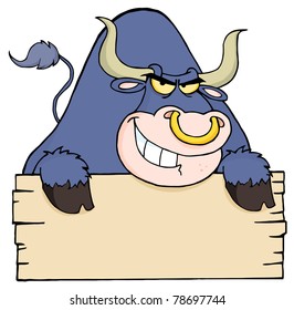 Angry Purple Bull Looking Over A Blank Wood Sign