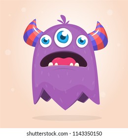 Angry purple cartoon monster with horns an three eyes. Big collection of cute monsters. Halloween character. Vector illustrations. Good for book illustration, magazine prints or journal article