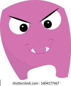 Angry purple monster with angry face, showing two teeth, frown face, vector, color drawing or illustration. 