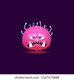 Angry purple pink monster with big teeth and glowing hairy skin floating with angry annoyed face. Funny 3D cartoon character emoticon isolated on dark background - vector illustration