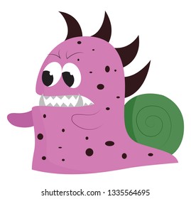 An angry purple snail like monster with sharp razor teeth and dorsal fins, vector, color drawing or illustration.