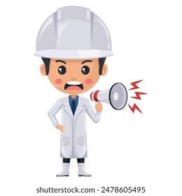 Angry quality control supervisor production line making an announcement with a megaphone. Food industry engineer. Chief food safety. Science, technology and safety in food production and processing