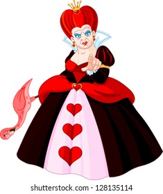 Angry Queen of Hearts pointing.