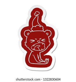 angry quirky cartoon  sticker of a bear wearing santa hat