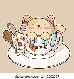 A angry rabbit with a cup cat