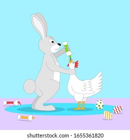 Angry rabbit feeds the chicken with paint so that it quickly laid already painted eggs. Comic vector illustration on easter theme in cartoon style