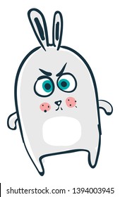 An angry rabbit in a funny cartoon with big eyes and small legs and arms vector color drawing or illustration