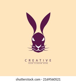 Angry Rabbit Head, Silhouette Drawn Purple On Light Pink Background Isolated. Minimalist Style, Tattoos. Easter Bunny. Animal Logo