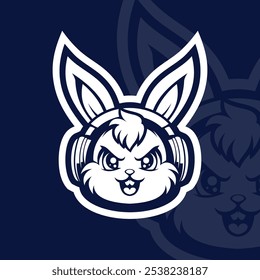 Coelho irritado com fone de ouvido mascote esport logotipo ilustração