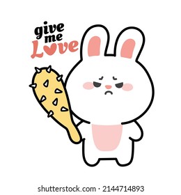 Un conejo furioso sostiene un arma con un texto de amor para mí. Diseño de carácter divertido para los animales. Día de San Valentín. Kawaii.Vector. Ilustración.