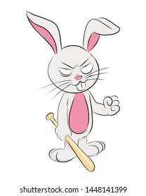 Angry rabbit holding baseball bat  vector illustration isolated cartoon hand drawn